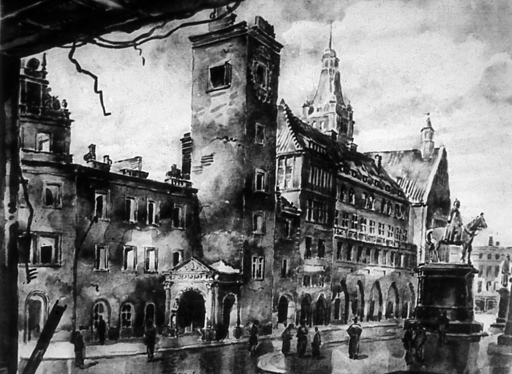 Altes Rathaus nach der Zerstörung, Gemälde 1945
