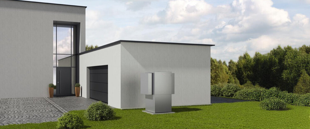 Grafische Darstellung eines Hauses mit Wärmepumpe