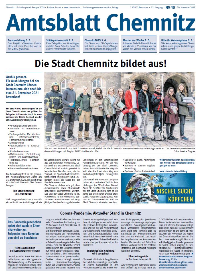 Titelseite des Amtsblattes vom 19. November 2021