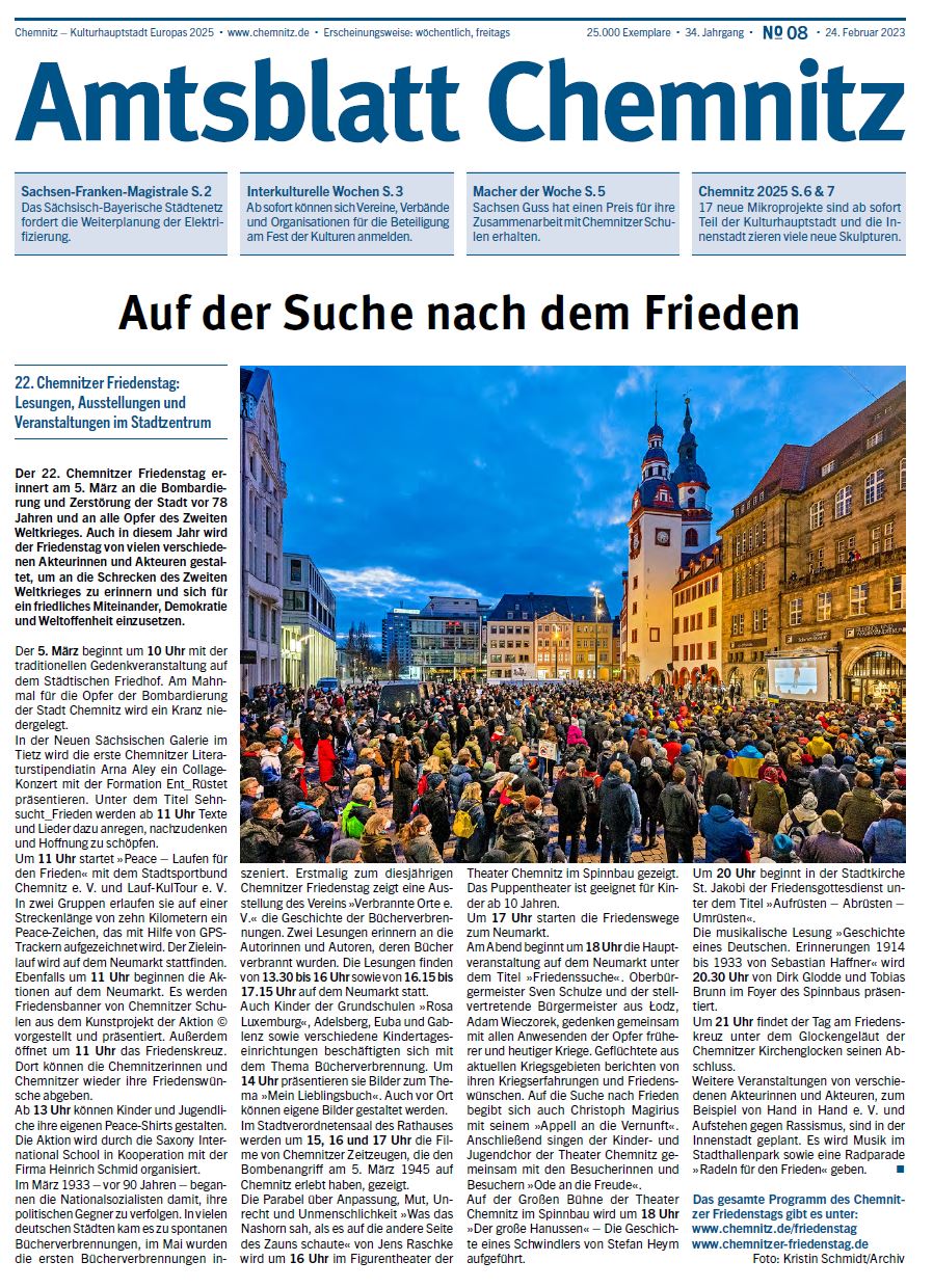 Titelseite der Ausgabe 8 des Chemnitzer Amtsblatts 2023