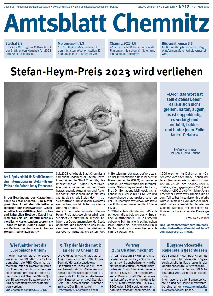 Titelseite der Ausgabe 12/2023 des Amtsblatts der Stadt Chemnitz