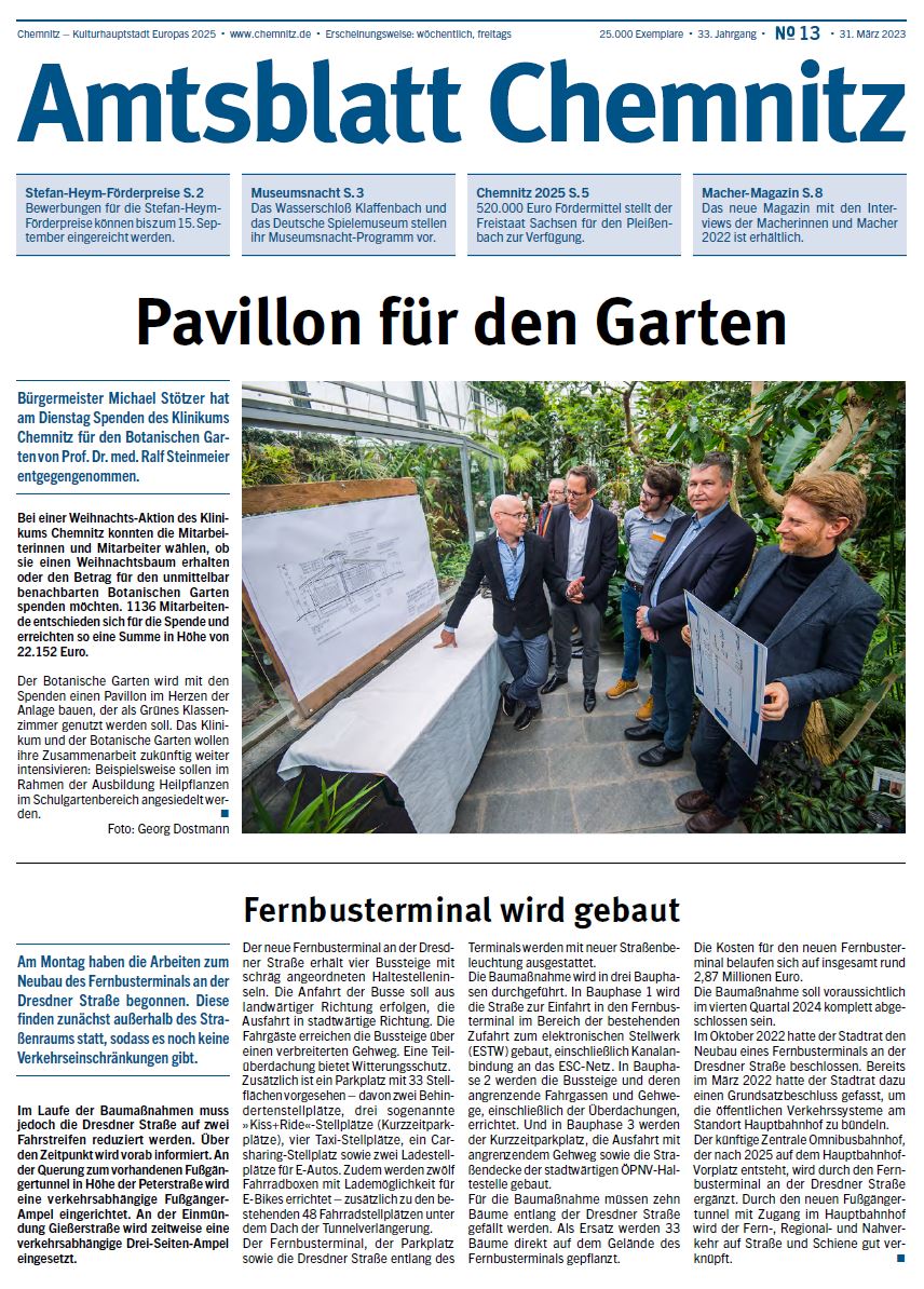 Titelseite der 13. Ausgabe des Chemnitzer Amtsblatts von 2023