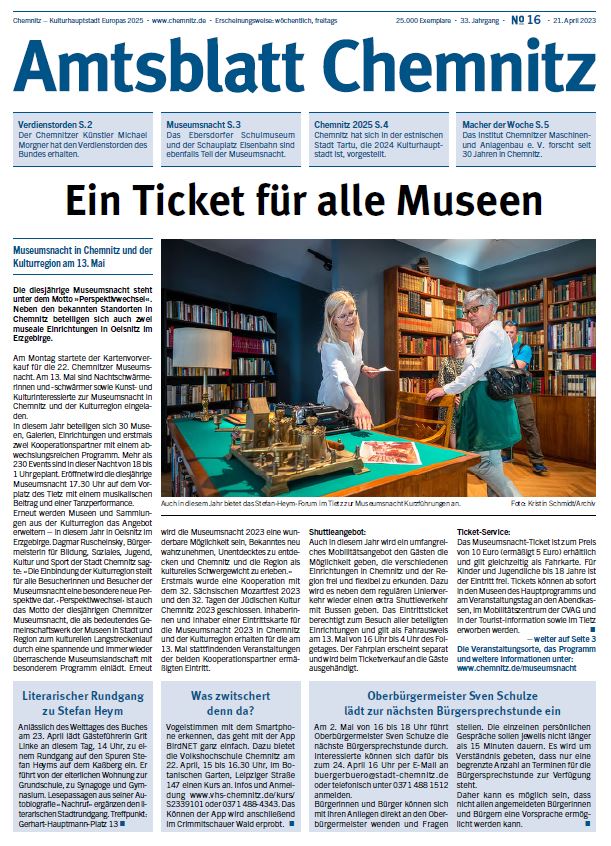 Titelseite der 16. Ausgabe des Chemnitzer Amtsblatts im Jahr 2023