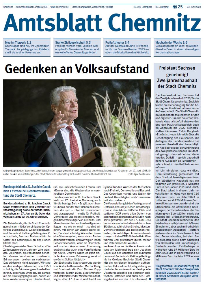 Titelseite der Ausgabe 25 des Chemnitzer Amtsblattes 2023