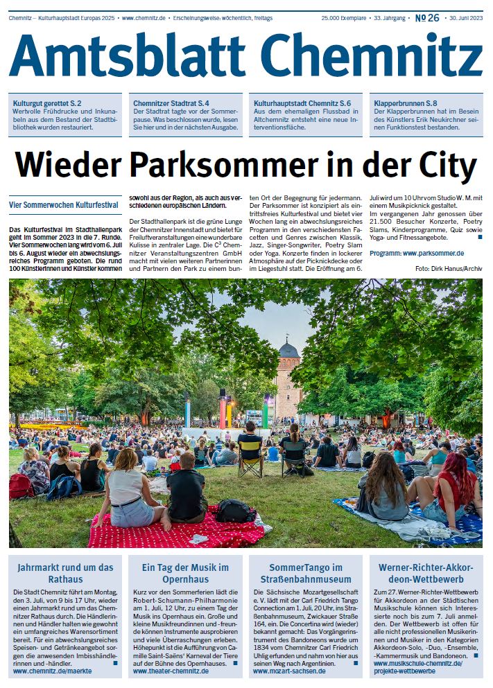 Titelseite der Ausgabe 26 des Chemnitzer Amtsblattes 2023