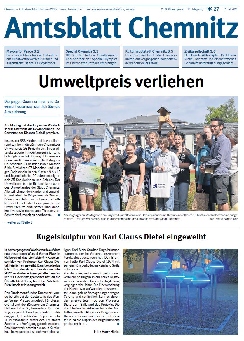 Titelseite der Ausgabe 27 des Chemnitzer Amtsblattes 2023