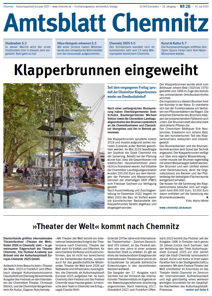 Titelseite der 28. Ausgabe des Chemnitzer Amtsblatts von 2023