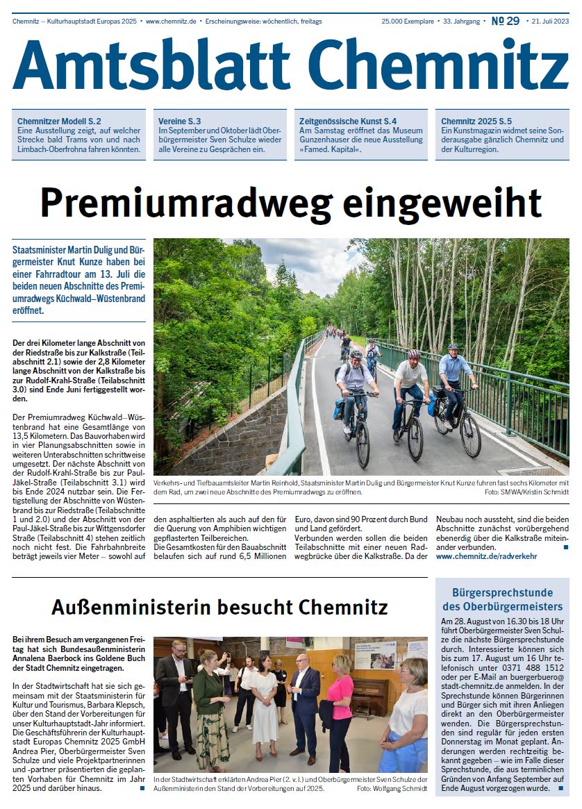 Titelseite der Ausgabe 29 des Chemnitzer Amtsblattes 2023