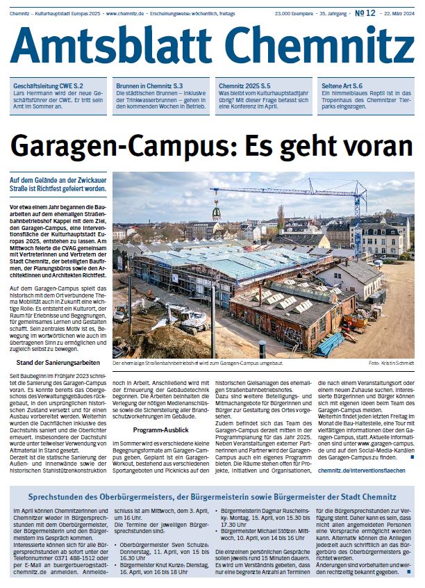 Titelseite der 12. Ausgabe des Chemnitzer Amtsblatts im Jahr 2024