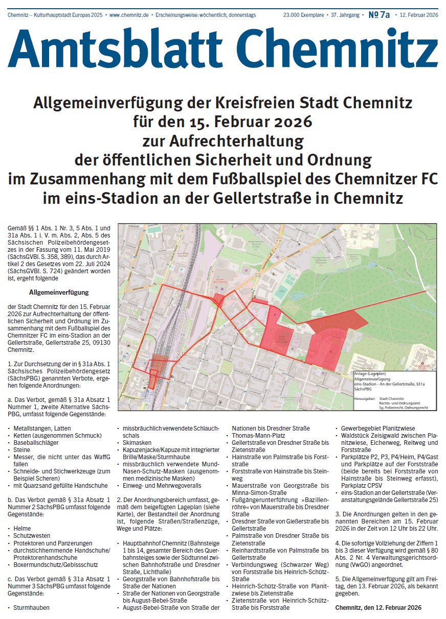 Titelseite der Sonderausgabe 7a des Chemnitzer Amtsblatts im Jahr 2026