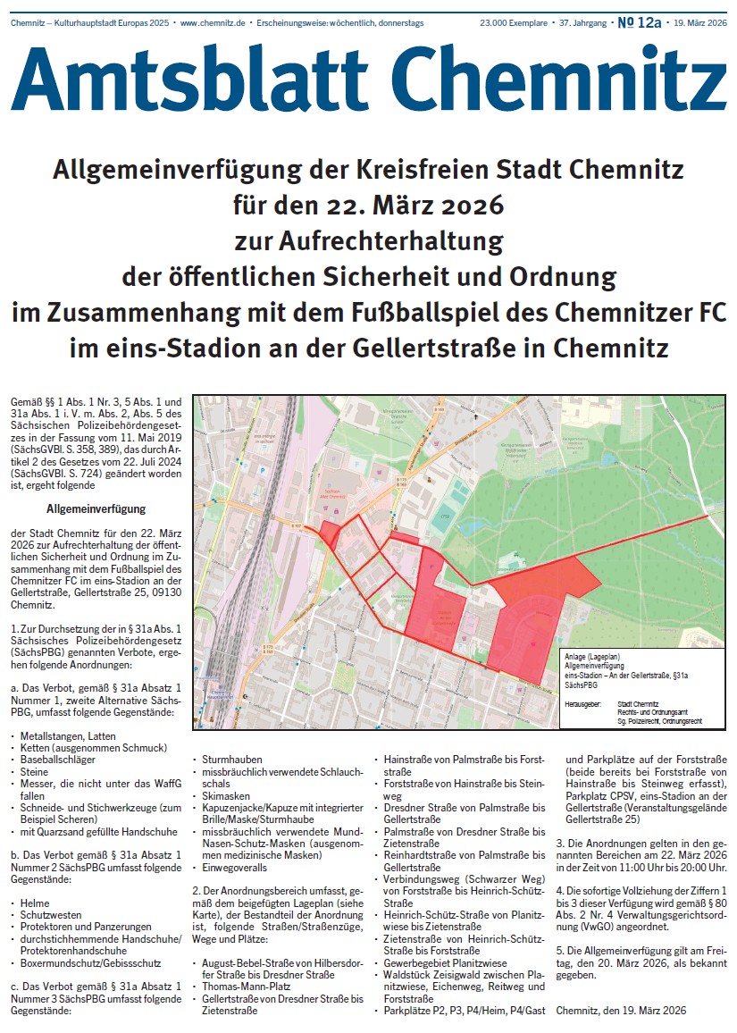 Titelseite der Sonderausgabe 12a des Chemnitzer Amtsblatts im Jahr 2026