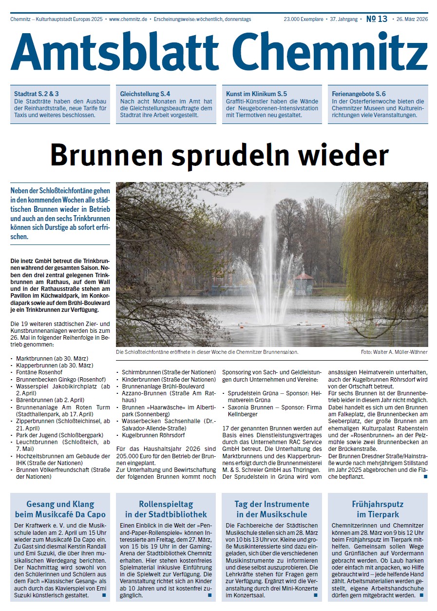 Titelseite der 13. Ausgabe des Chemnitzer Amtsblatts im Jahr 2026