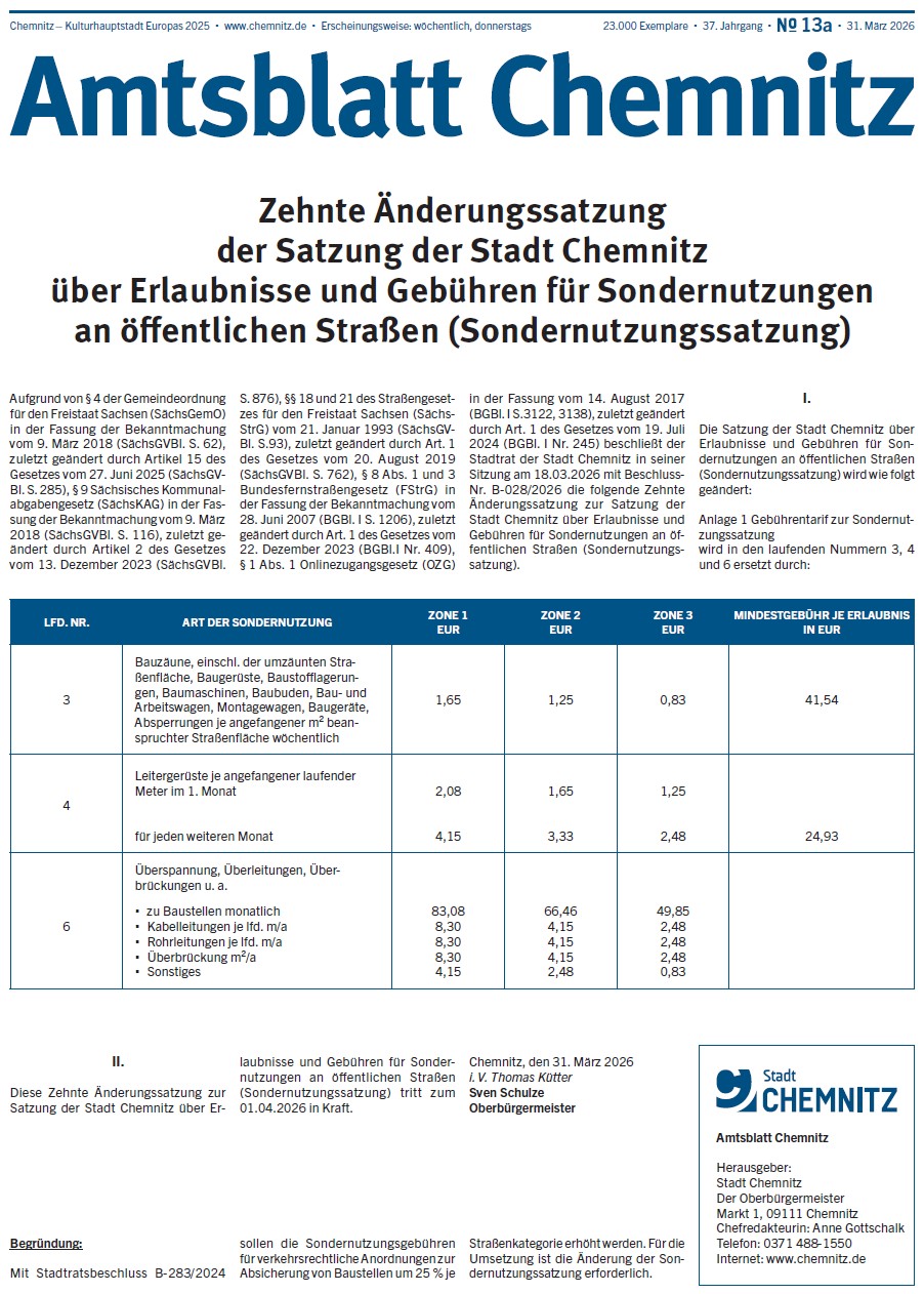 Sonderausgabe 13a des Chemnitzer Amtsblatts im Jahr 2026