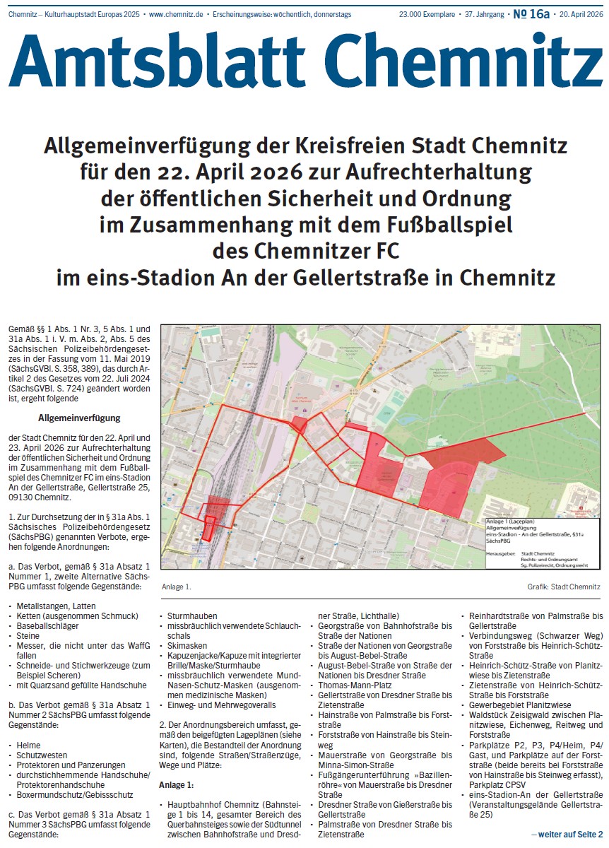 Titelseite der Sonderausgabe 16a des Chemnitzer Amtsblattes im Jahr 2026