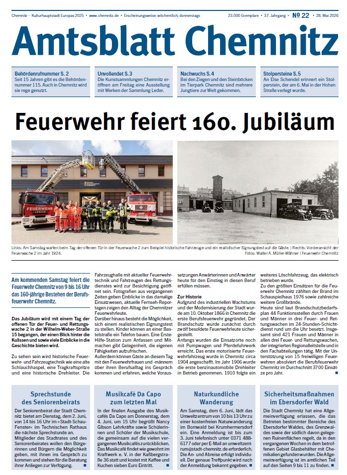 Titelseite der 22. Ausgabe des Chemnitzer Amtsblattes im Jahr 2026