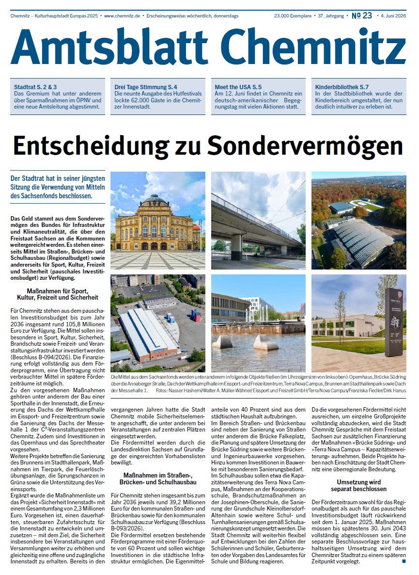 Titelseite der 23. Ausgabe des Chemnitzer Amtsblatts im Jahr 2026