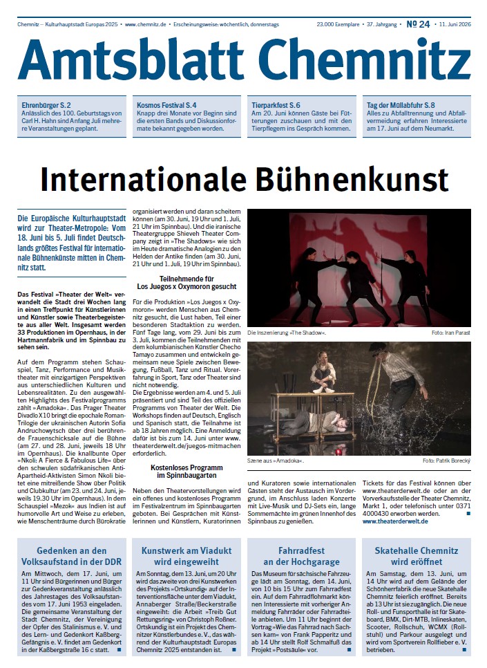 Titelseite der 24. Ausgabe des Chemnitzer Amtsblattes im Jahr 2026
