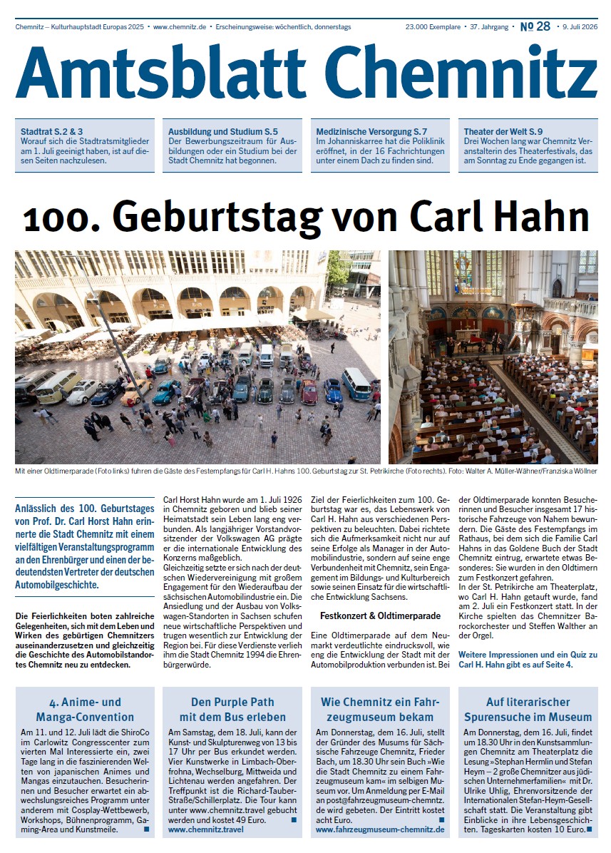 Titelseite der 28. Ausgabe des Chemnitzer Amtsblatts im Jahr 2026