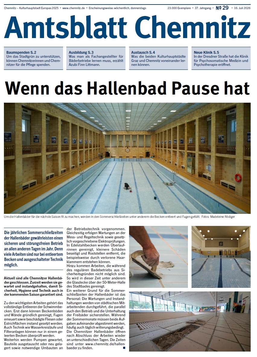 Titelseite der 29. Ausgabe des Chemnitzer Amtsblatts im Jahr 2026