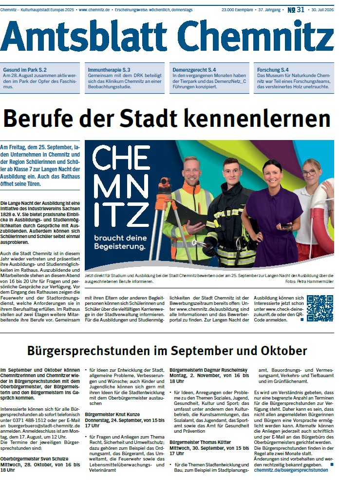 Das Titelblatt zweigt die Überschrift "Berufe der Stadt kennenlernen" und ein passendes Bild dazu. Darunter ist ein weiterer Text mit der Überschrift "Bürgersprechstunden im September und Oktober"