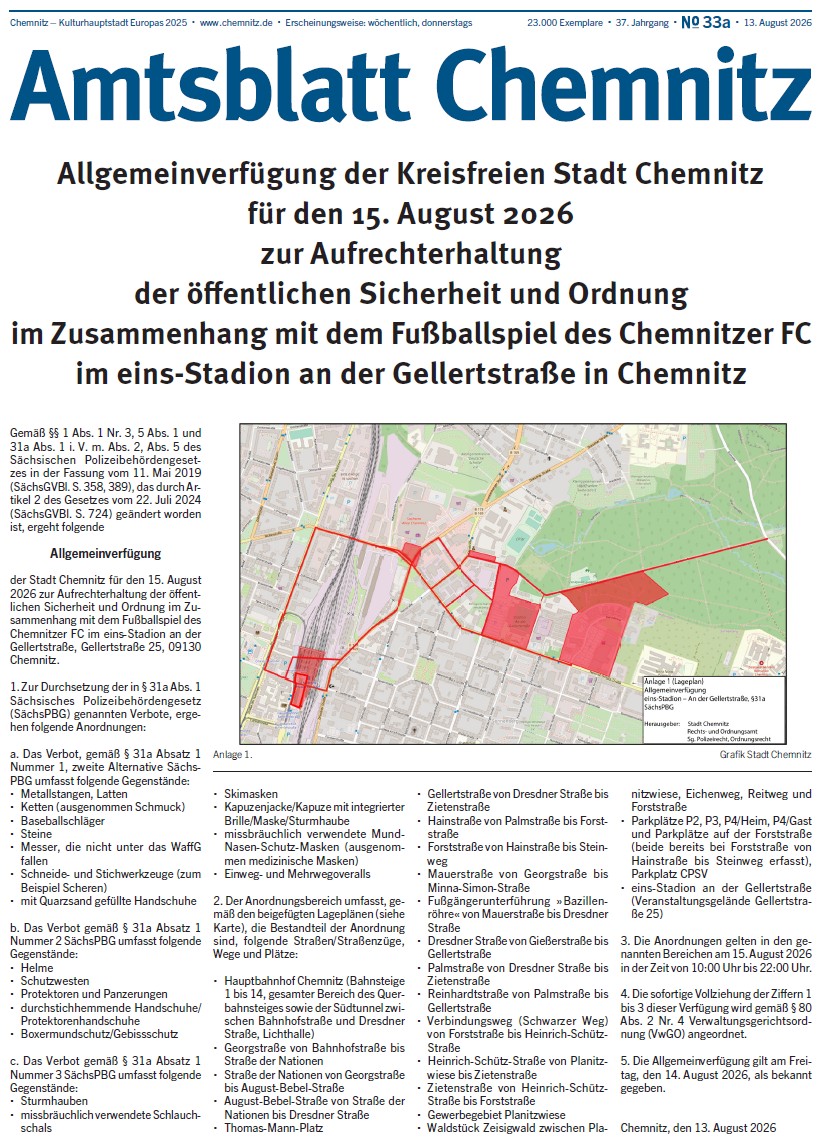 Titelseite der Sonderausgabe 33a des Chemnitzer Amtsblatts im Jahr 2026