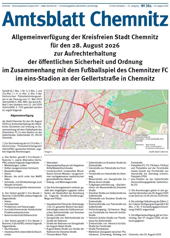 Titelseite der Ausgabe 34a des Chemnitzer Amtsblattes im Jahr 2026