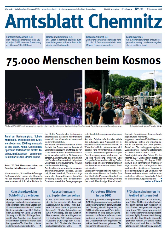 Titelseite der 36. Ausgabe des Chemnitzer Amtsblattes im Jahr 2026