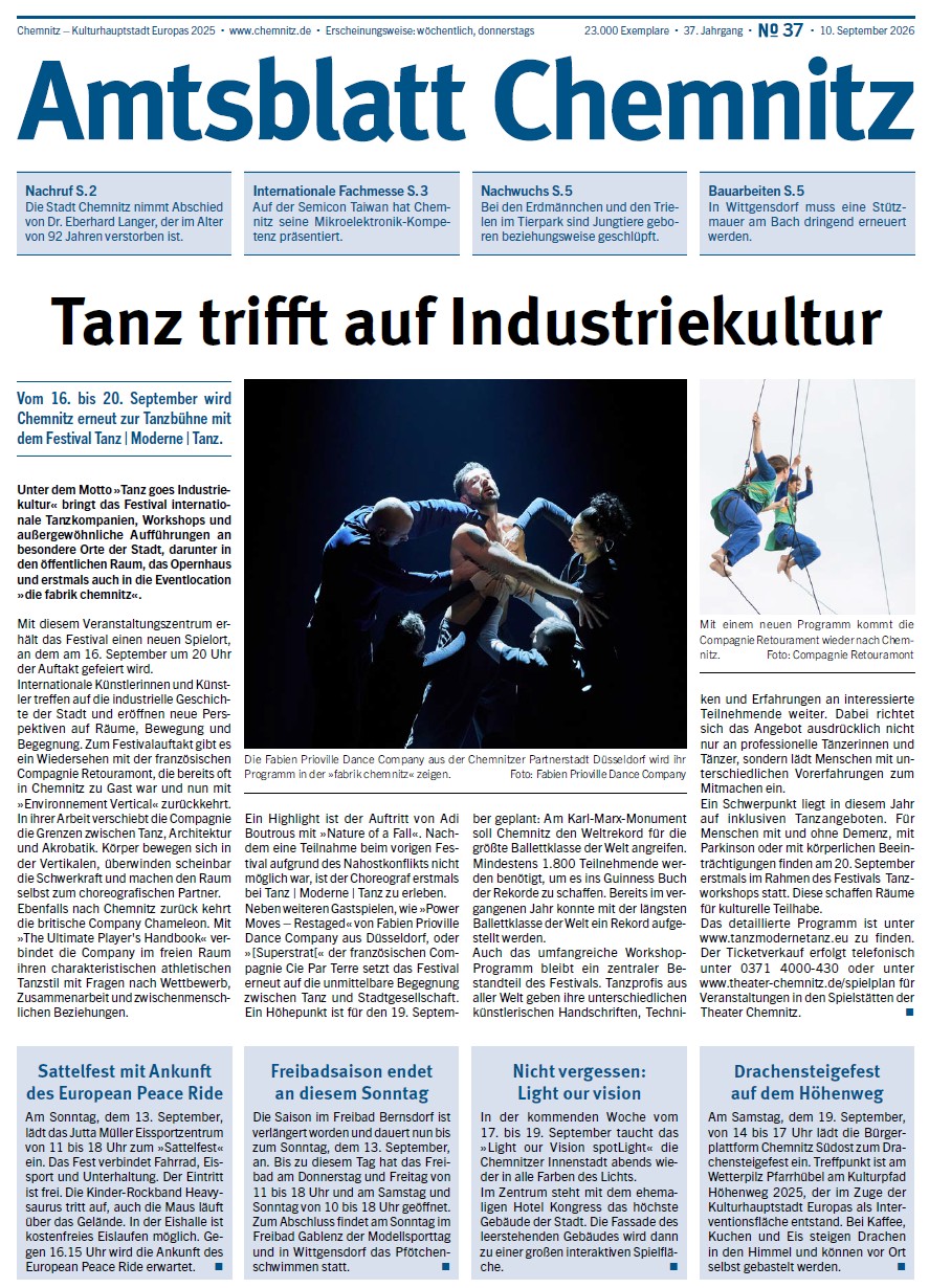 Titelseite der 37. Ausgabe des Chemnitzer Amtsblattes im Jahr 2026