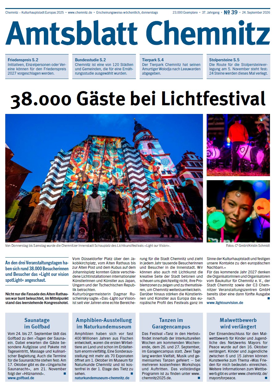 Titelseite der 39. Ausgabe des Chemnitzer Amtsblatts im Jahr 2026