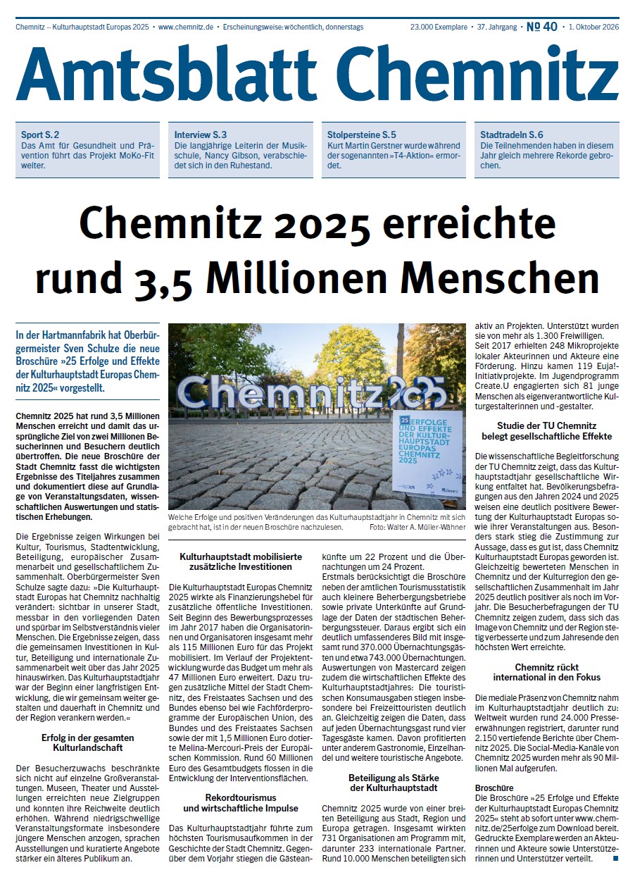 Titelseite der 40. Ausgabe des Chemnitzer Amtsblatts im Jahr 2026