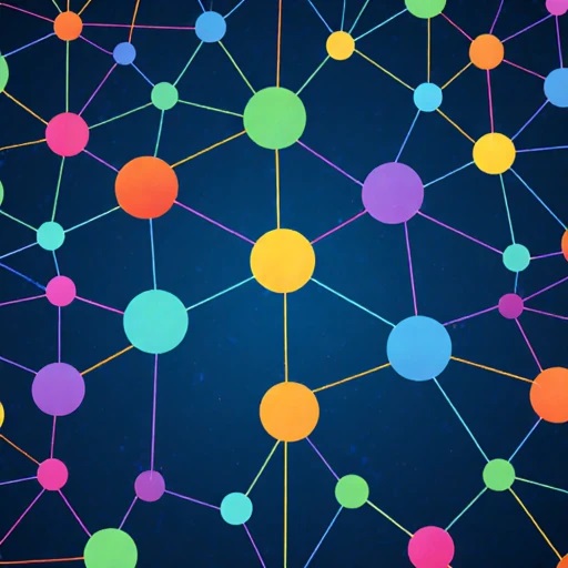 Zu sehen ist eine Grafik mit vielen bunten Punkten unterschiedlicher Größe, die mit dünnen Linien miteinander verbunden sind.