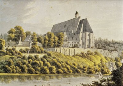 Ehemaliges Schloss und Schloßkirche von Südosten, um 1820