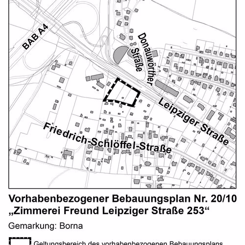 Beteiligung der &Ouml;ffentlichkeit zum vorhabenbezogenen Bebauungsplan Nr. 20/10 &bdquo;Zimmerei Freund Leipziger Stra&szlig;e 253&ldquo;: Geben Sie ihre Stellungnahme dazu ab!
