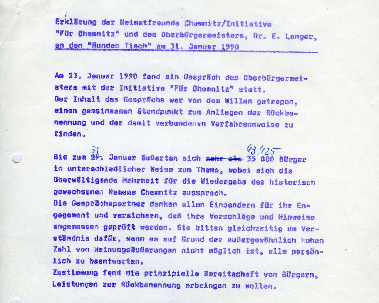 Erklärung der Bürgerinitiative über die Rückbenennung an den Runden Tisch am 31. Januar 1990