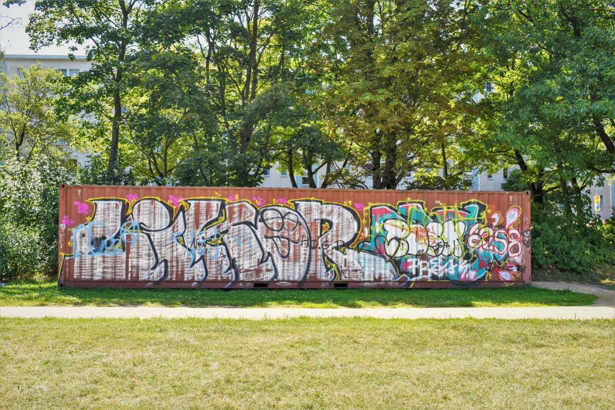 Überseecontainer im Bürgerpark Gablenz, besprüht mit Graffiti.