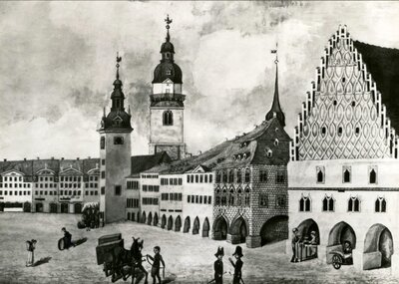 Markt nach Westen mit Rathaus, Lauben und Gewandhaus, Gemälde um 1820