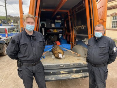 Zwei Kollegen des Kampfmittelräumdienstes mit der entschärften Bombe