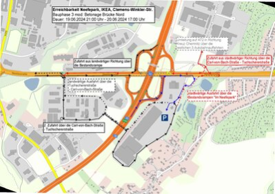 Darstellung der möglichen Fahrbeziehungen während der Betonage von Mittwoch, 19. Juni, 21 Uhr bis Donnerstag, 20. Juni, 17 Uhr