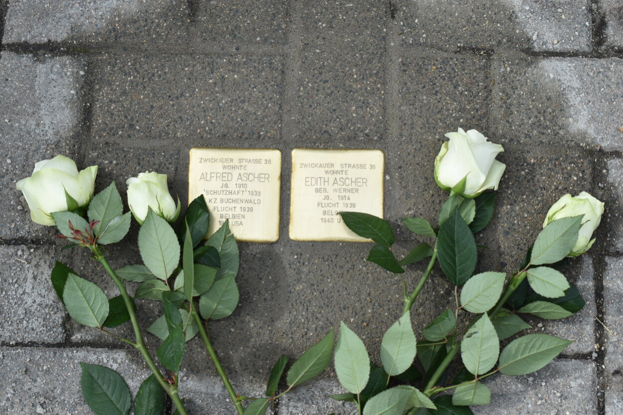 Zwei Stolpersteine für Familie Ascher. Auf den Steinen steht - Zwickauer Straße 36 wohnte: Alfred Ascher, Jg. 1910, Schutzhaft 1938, KZ Buchenwald, Flucht 1939, Belgien 1940 USA  |  Edith Ascher, geb. Werner, Jg. 1914, Flucht 1939, Belgien, 1940 USA