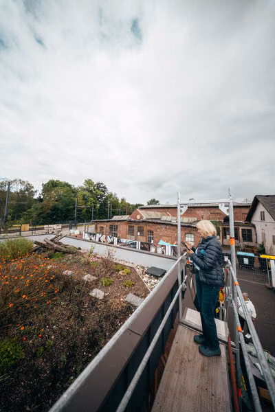 Besucherin auf Gerüst mit Blick auf begrüntes Dach und historischen Klinkerbau am Garagencampus Chemnitz.
