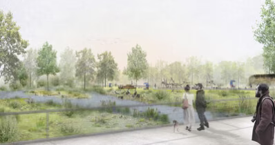 So sieht künftig der Blick aus Richtung Limbacher Straße aus. Die Brücke über den Pleißenbach soll ab dem Spätherbst 2023 entstehen. Am rechten Bildrand ist der Güterschuppen zu erkennen.