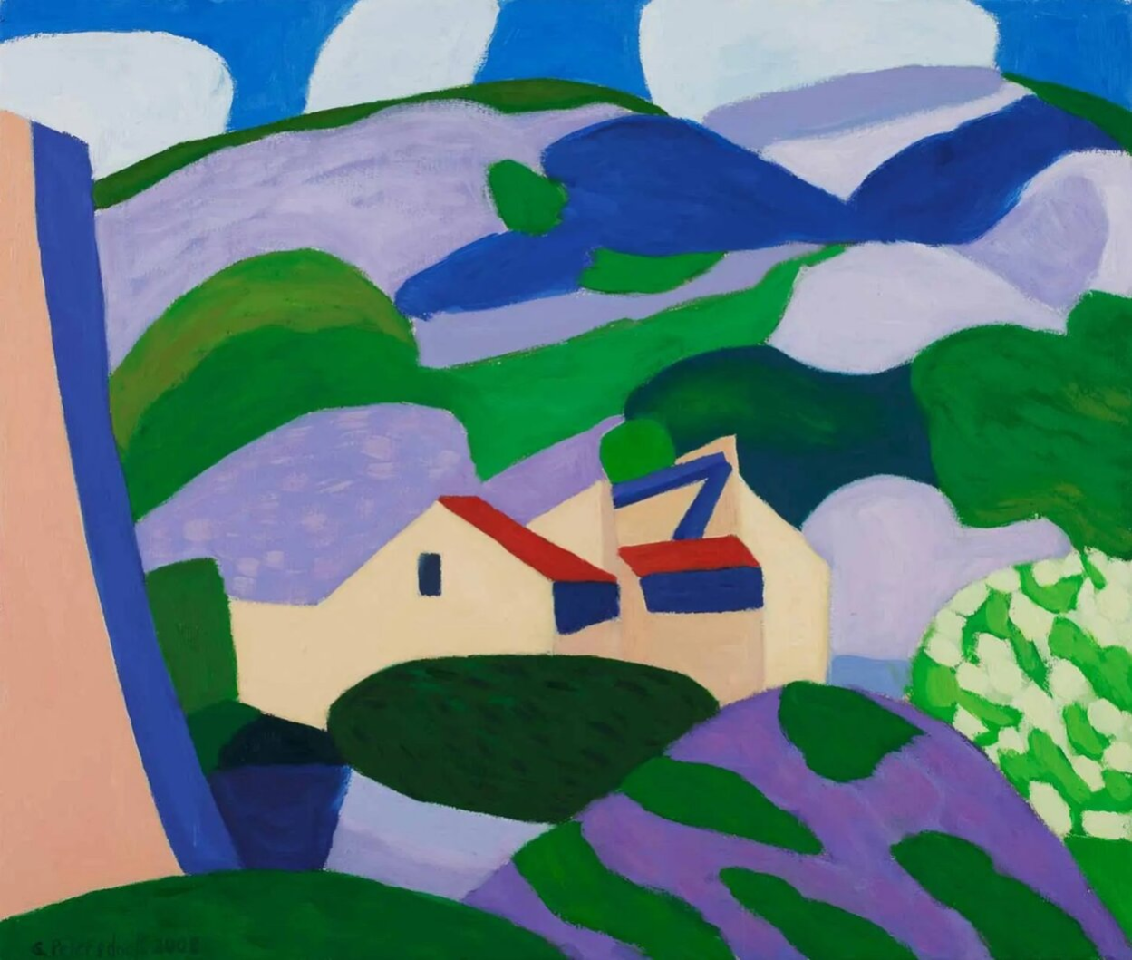 Im Bild ist ein Gemälde zu sehen, in der Mitte ist ein Haus mit Hof in beiger Farbe abgebildet, das Dach ist rot und an die Mauern sind blau abgesetzt. Das Haus ist umgeben von Landschaft, Hügeln und Feldern, in grün und violtt gehalten, daüber der blaue Himmel mit weißen Wolken.