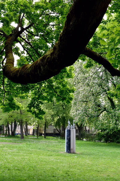 Von oben ragt ein starker, bemosster Ast ins Bild. Im Hintergrund das Kunstwerk auf der grünen Wiese.
