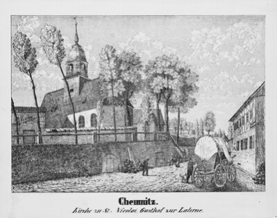 Kirche zu St. Nicolai, Gasthof zur Laterne. 1840. Illustration aus "Sachsen in Bildern"
