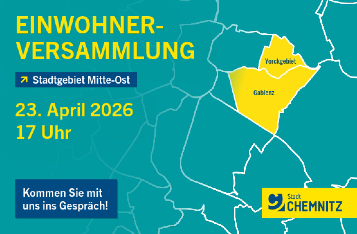 Postermotiv Einwohnerversammlung Stadtgebiet Mitte-Ost mit den Stadtteilen Yorkgebiet und Gablenz, 23. April 2026, 17 Uhr