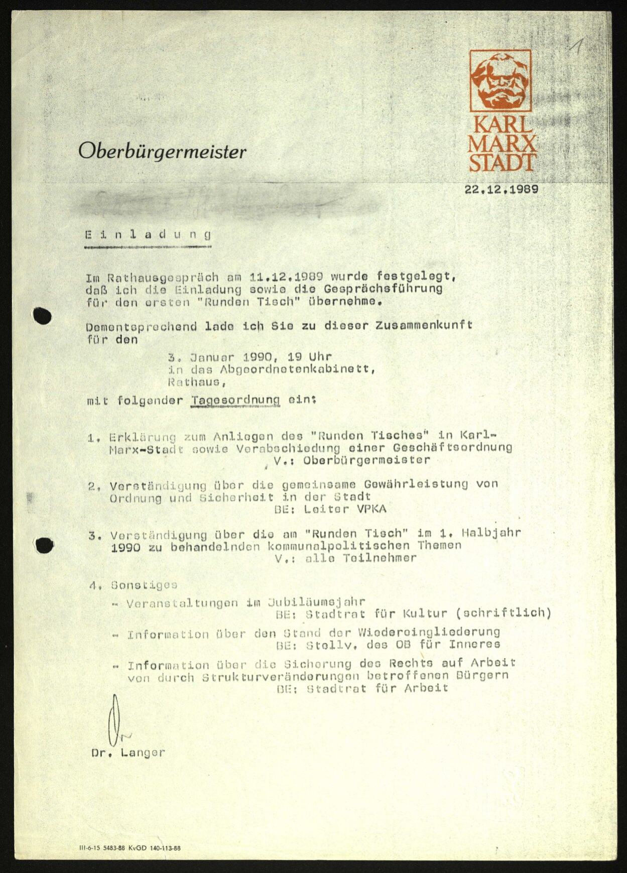 Einladung von Oberbürgermeister Dr. Eberhard Langer zum ersten Runden Tisch in Karl-Marx-Stadt am 3. Januar 1990