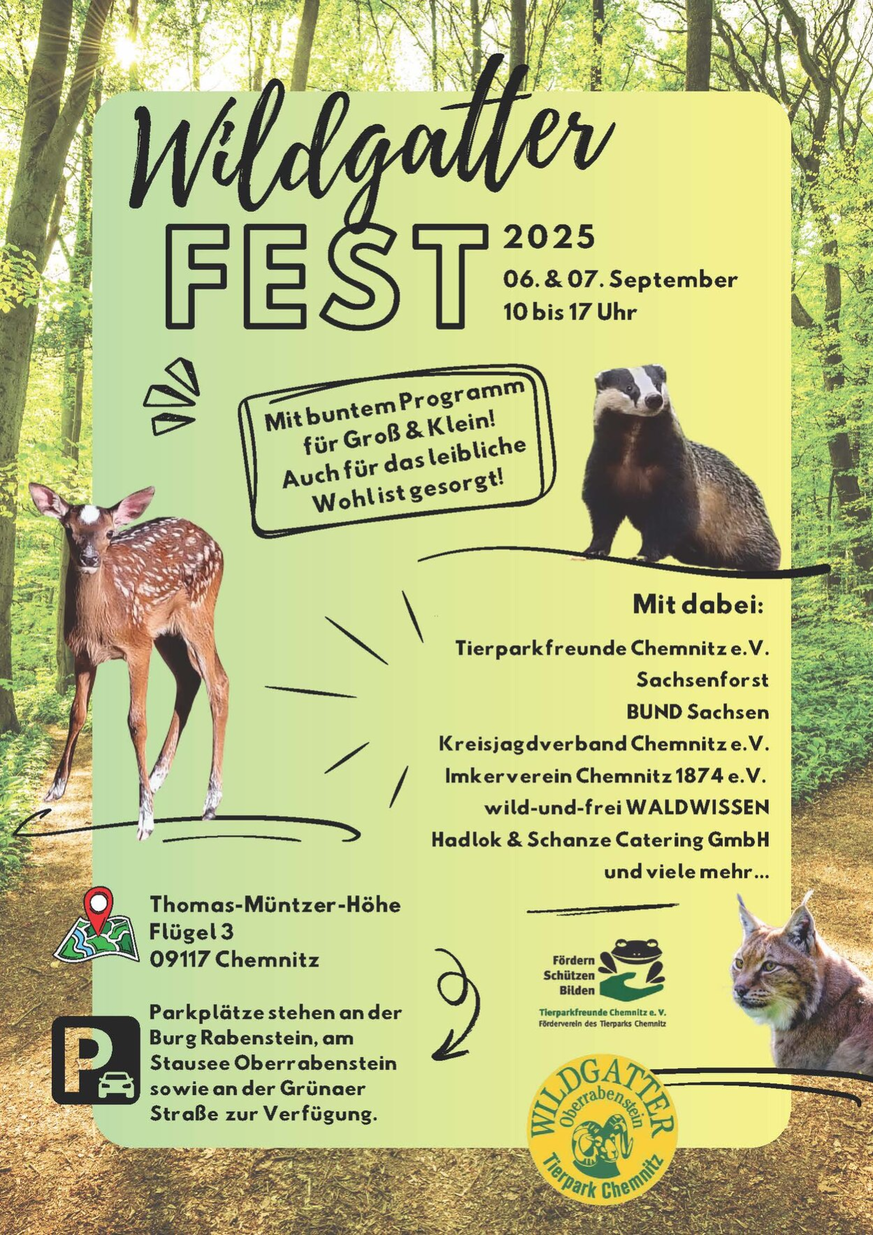 Plakatmotiv für das Wildgatterfest mit verscheidenen Tieren, wie Rehkitz, Dachs und Luchs sowie Hinweisen zum Fest