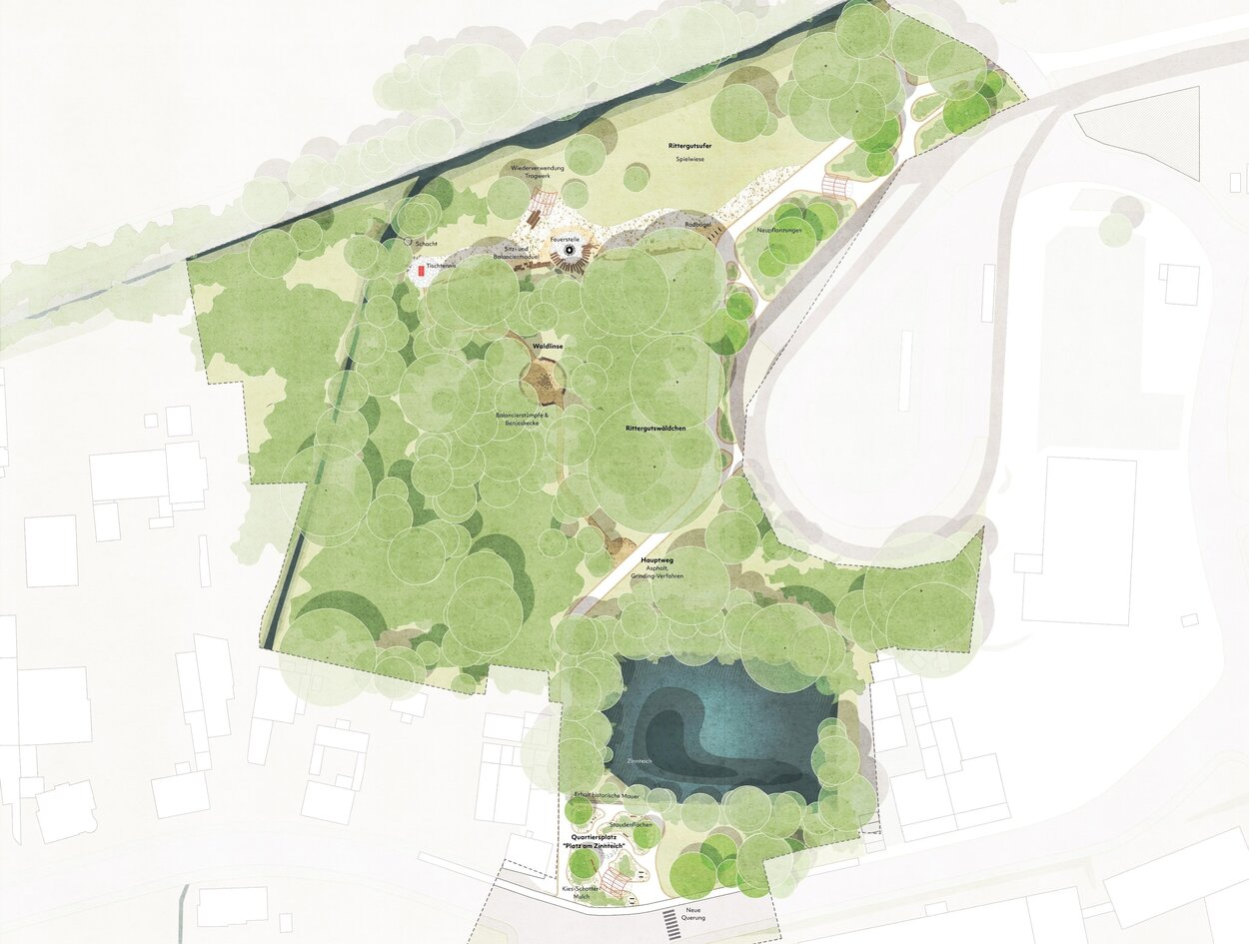 Zu sehen ist ein Plan als Draufsicht von einem künftigen Park.
