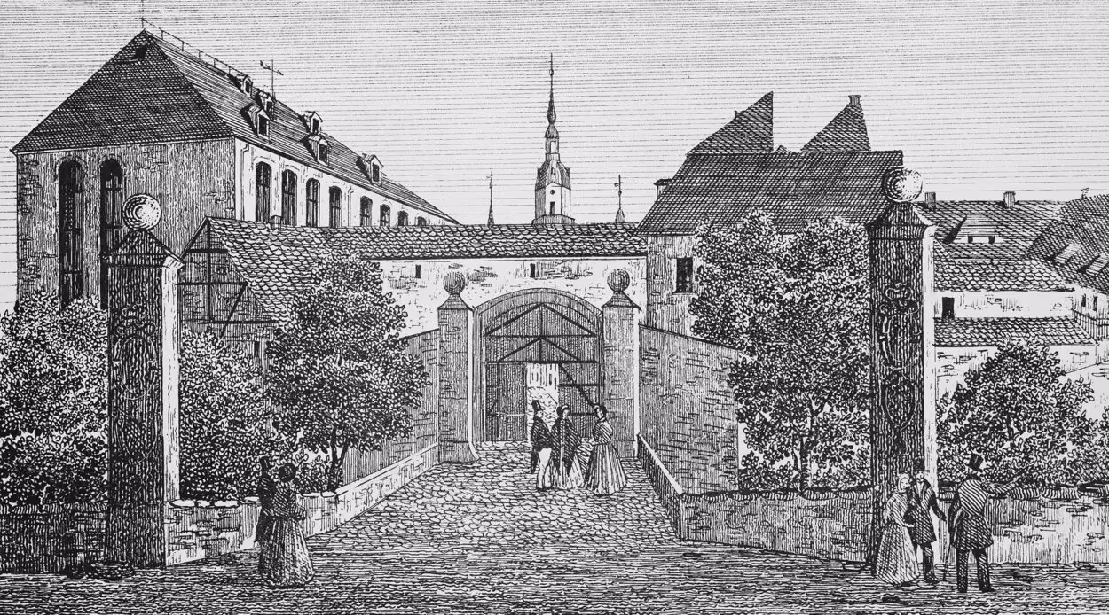 Durch die Pforte, vorbei an der neuen St. Johanniskirche, gelangte man in den Getreidemarkt. Illustration um 1840 von L. Sommerschuh