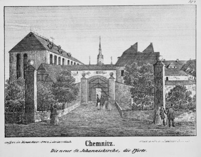 Durch die Pforte, vorbei an der neuen St. Johanniskirche, gelangte man in den Getreidemarkt. Illustration um 1840 von L. Sommerschuh